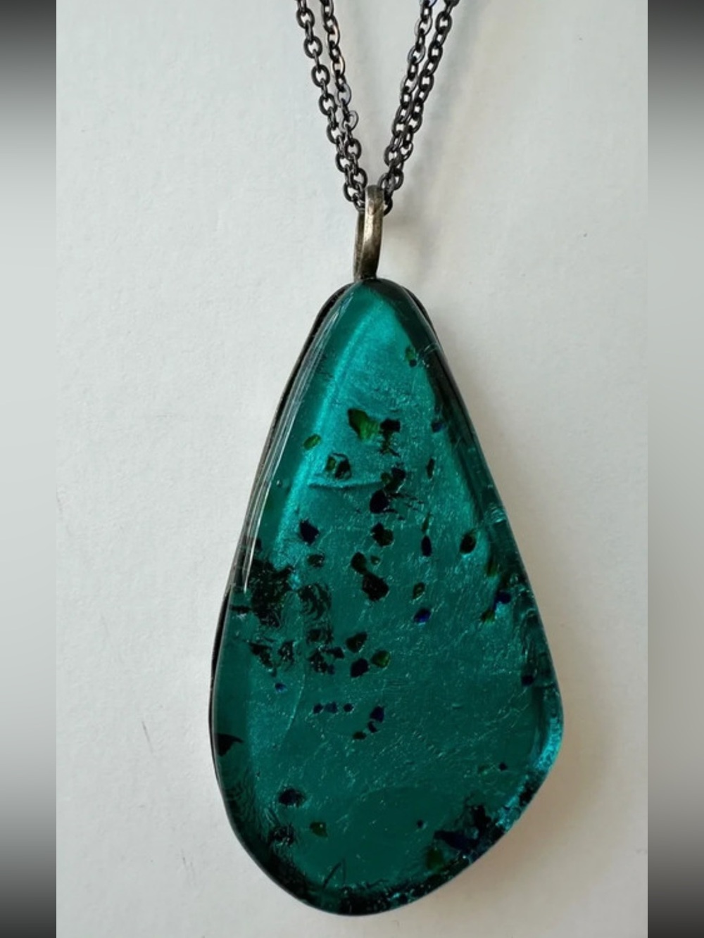 Chunky Resin and Metal Teardrop Pendant Necklace - 18 1/2" long - Bright Teal